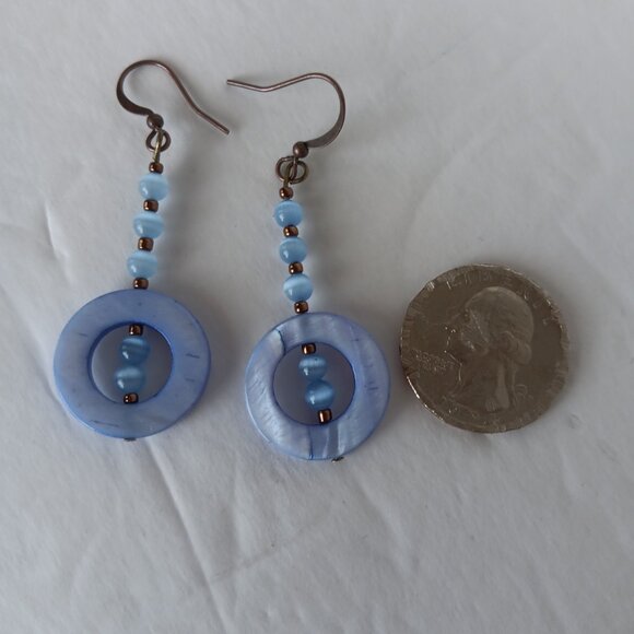 Handmade Periwinkle Blue Earrings With Dyed Shells and Banded Agate Beads - Picture 6 of 16